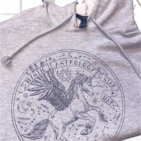 Forever21 Grey Hoodie Women Large Astrology Horoscope Unicorn Pegasus Stars - Picture 3 of 5